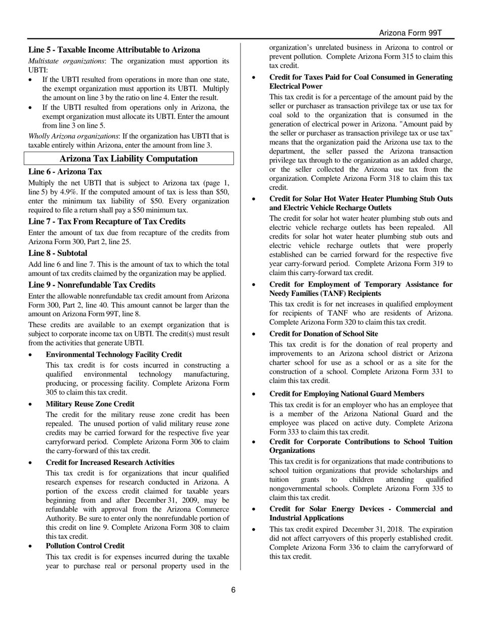 Instructions for Arizona Form 99T, ADOR10419 Arizona Exempt Organization Business Income Tax Return - Arizona, Page 6
