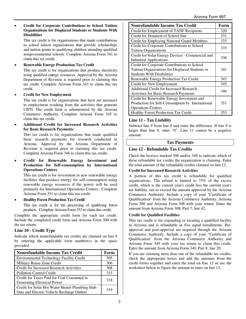 Instructions for Arizona Form 99T, ADOR10419 Arizona Exempt Organization Business Income Tax Return - Arizona, Page 7