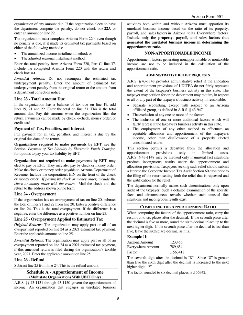 Instructions for Arizona Form 99T, ADOR10419 Arizona Exempt Organization Business Income Tax Return - Arizona, Page 9
