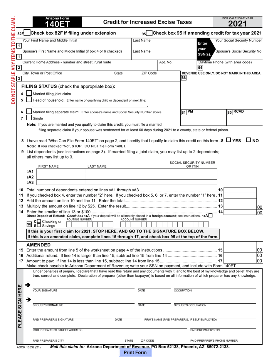 Arizona Form 140ET (ADOR10532) Credit for Increased Excise Taxes - Arizona, Page 1