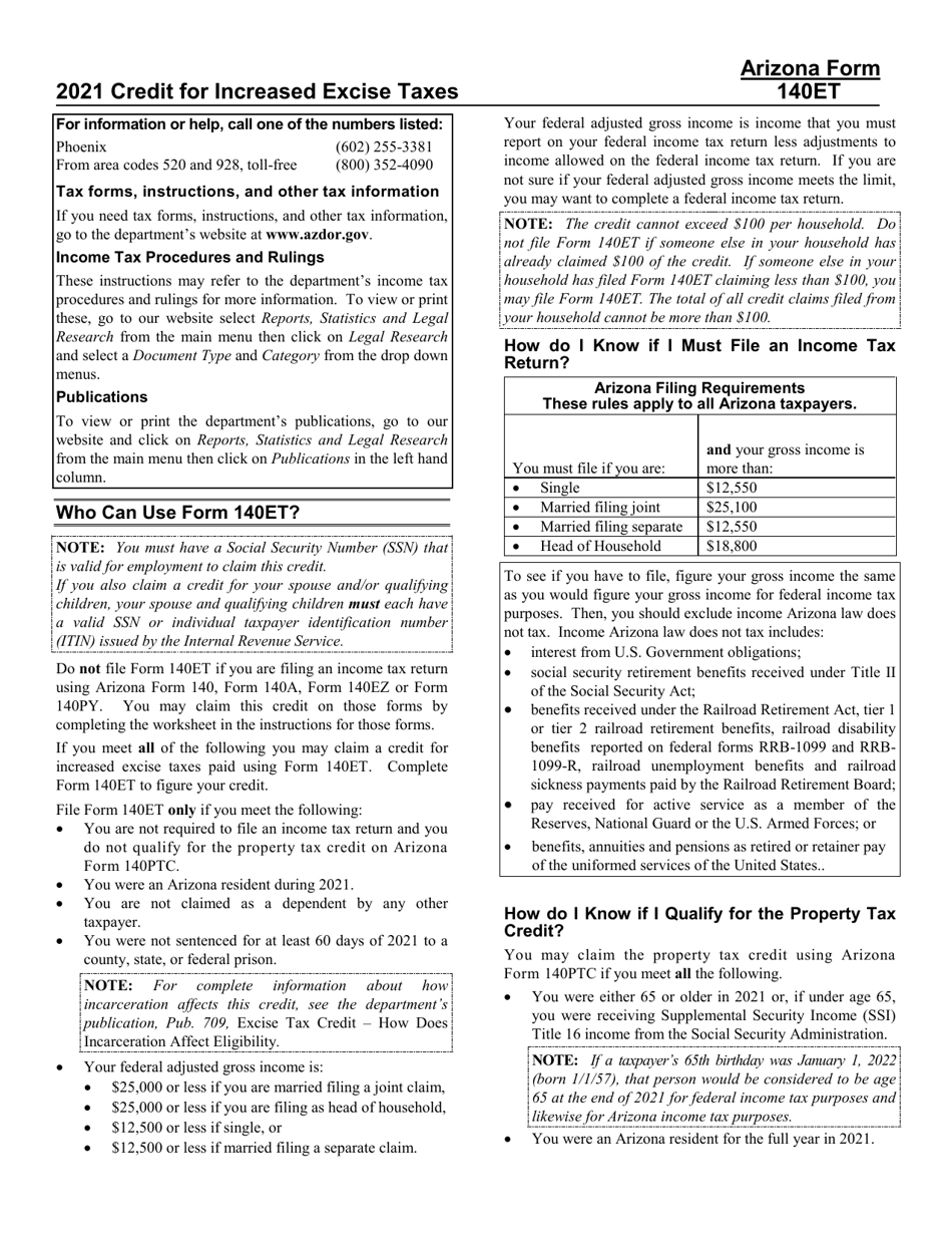 Instructions for Arizona Form 140ET, ADOR10532 Credit for Increased Excise Taxes - Arizona, Page 1