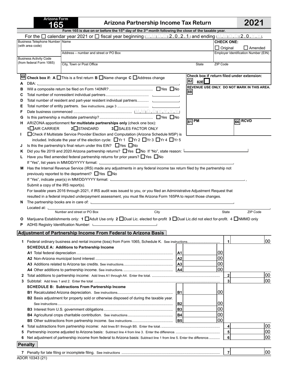 Arizona Form 165 (ADOR10343) Arizona Partnership Income Tax Return - Arizona, Page 1