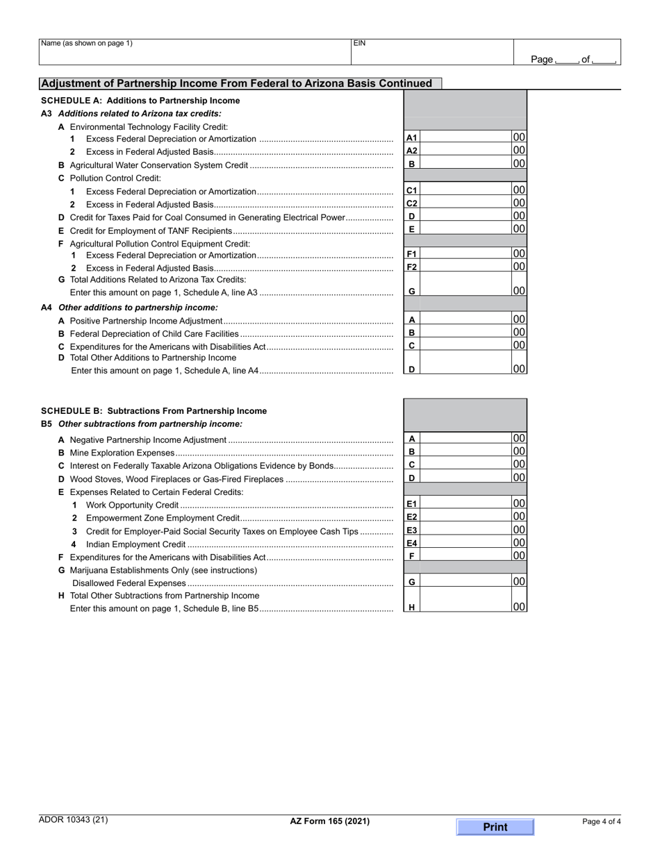 Arizona Form 165 (ADOR10343) Arizona Partnership Income Tax Return - Arizona, Page 4