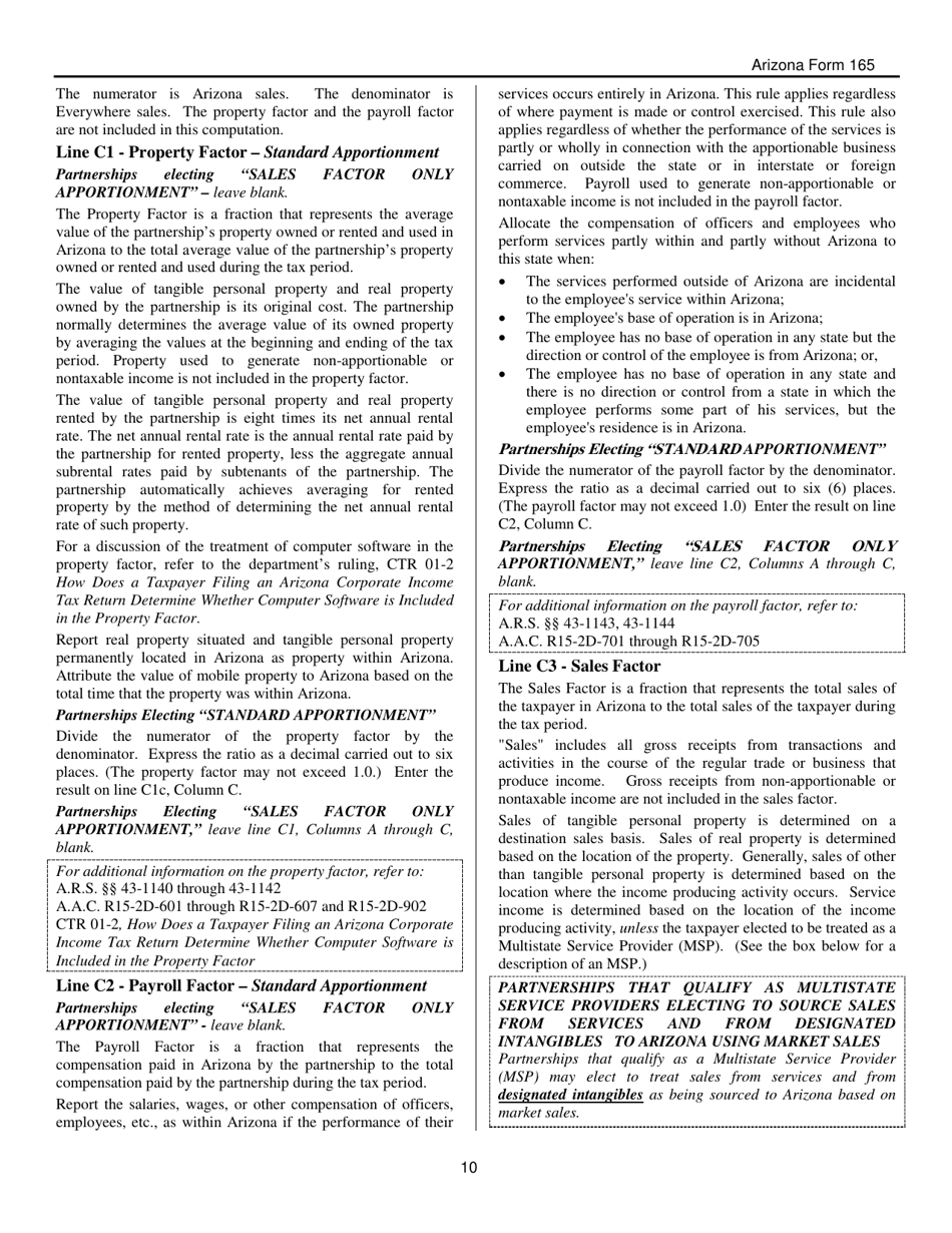 Instructions for Arizona Form 165, ADOR10343 Arizona Partnership Income Tax Return - Arizona, Page 10