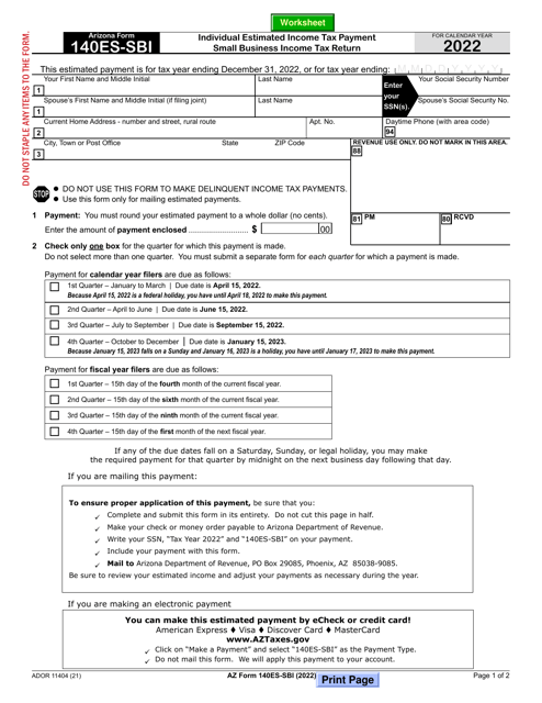 Arizona Form 140ES-SBI (ADOR11404) Individual Estimated Income Tax Payment Small Business Income Tax Return - Arizona, 2022