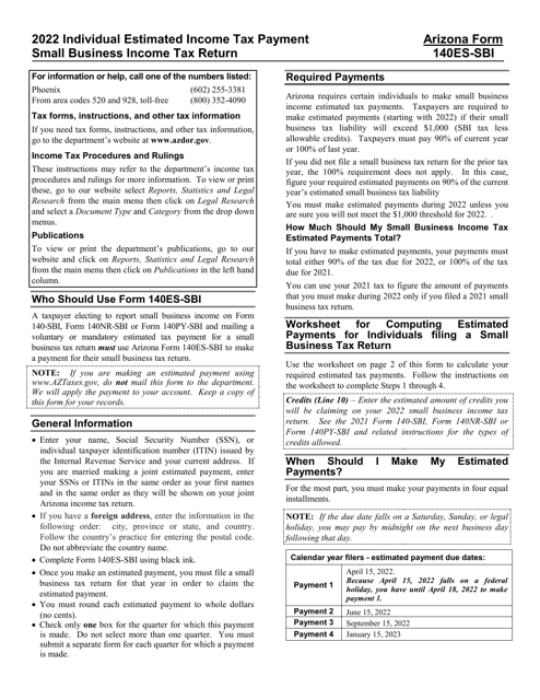 Arizona Form 140ES-SBI, ADOR11404 2022 Printable Pdf