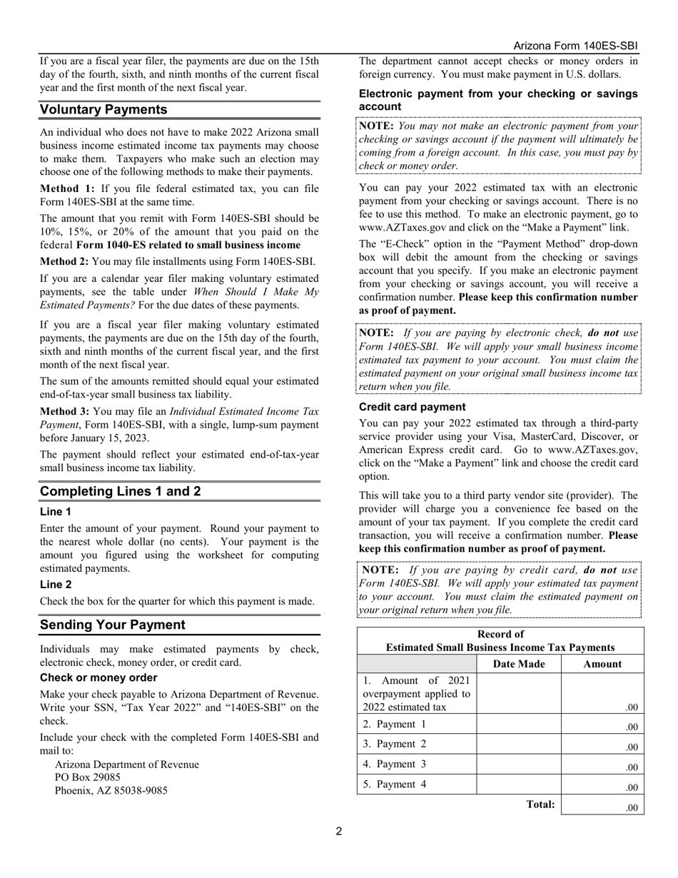 Instructions for Arizona Form 140ES-SBI, ADOR11404 Individual Estimated Income Tax Payment Small Business Income Tax Return - Arizona, Page 2