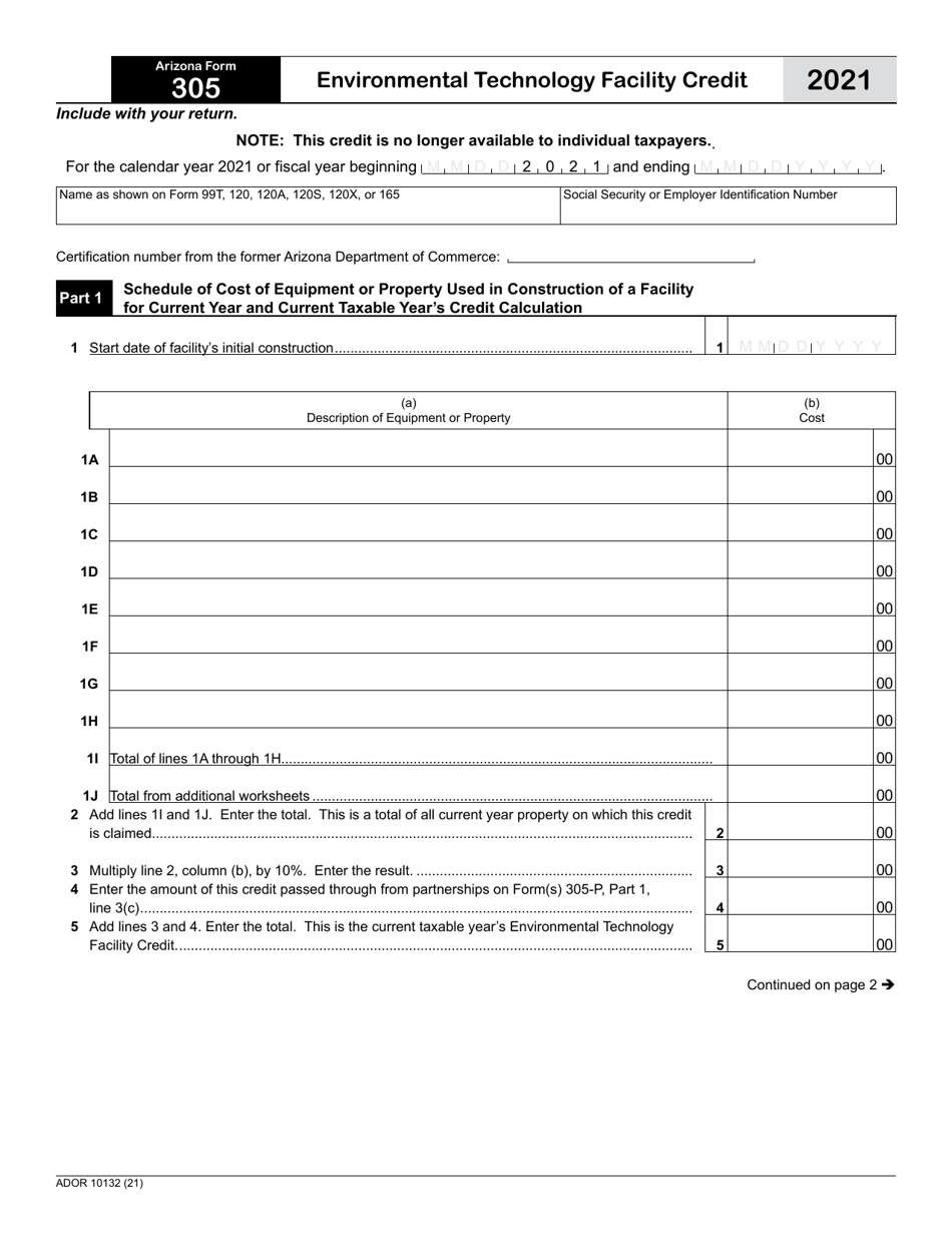 Arizona Form 305 (ADOR10132) Environmental Technology Facility Credit - Arizona, Page 1