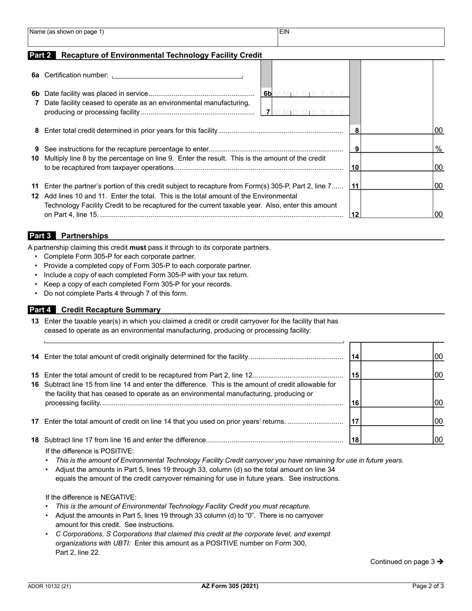 Arizona Form 305 (ADOR10132) Environmental Technology Facility Credit - Arizona, Page 2