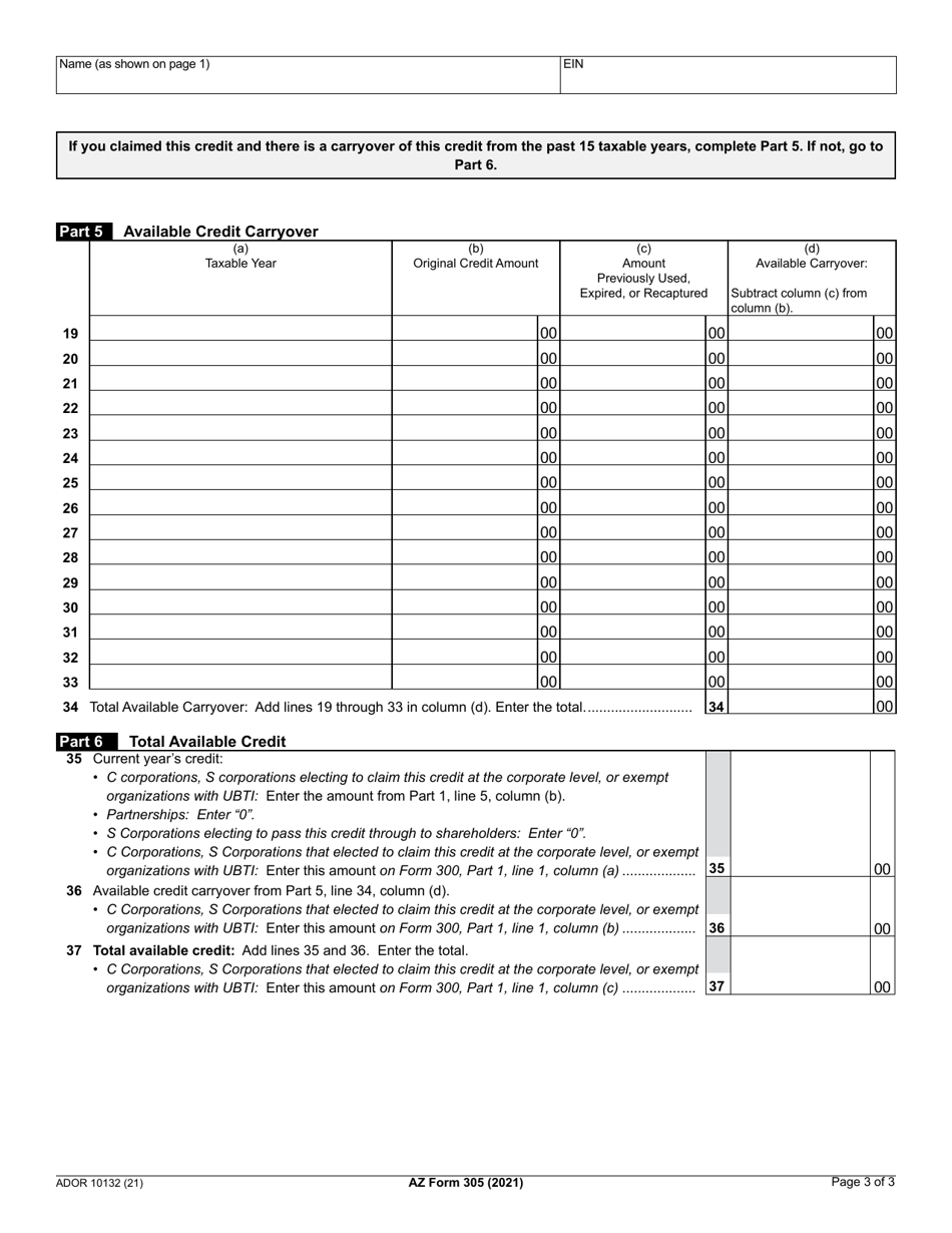 Arizona Form 305 (ADOR10132) Environmental Technology Facility Credit - Arizona, Page 3