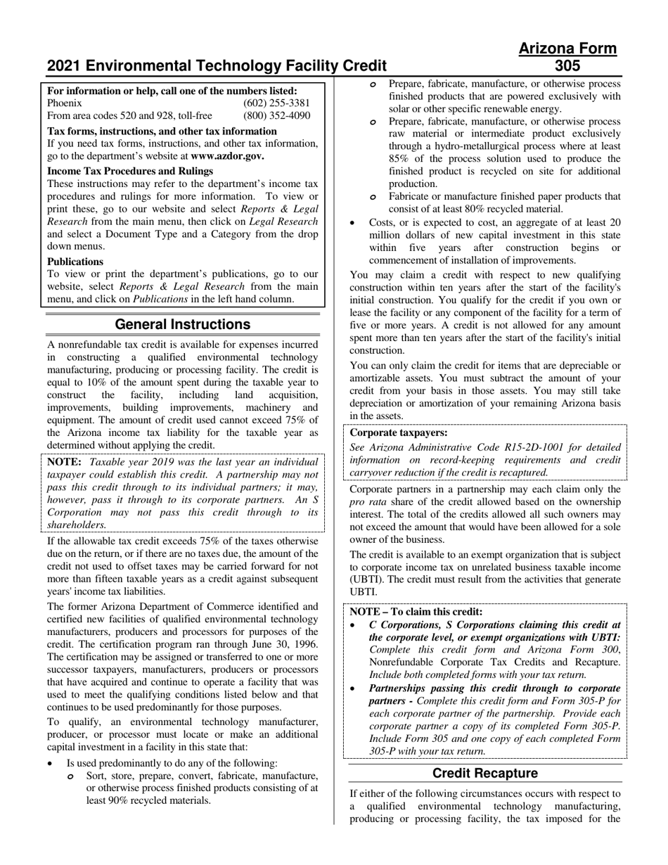 Instructions for Arizona Form 305, Arizona Form 305-P, ADOR10132, ADOR11323 - Arizona, Page 1