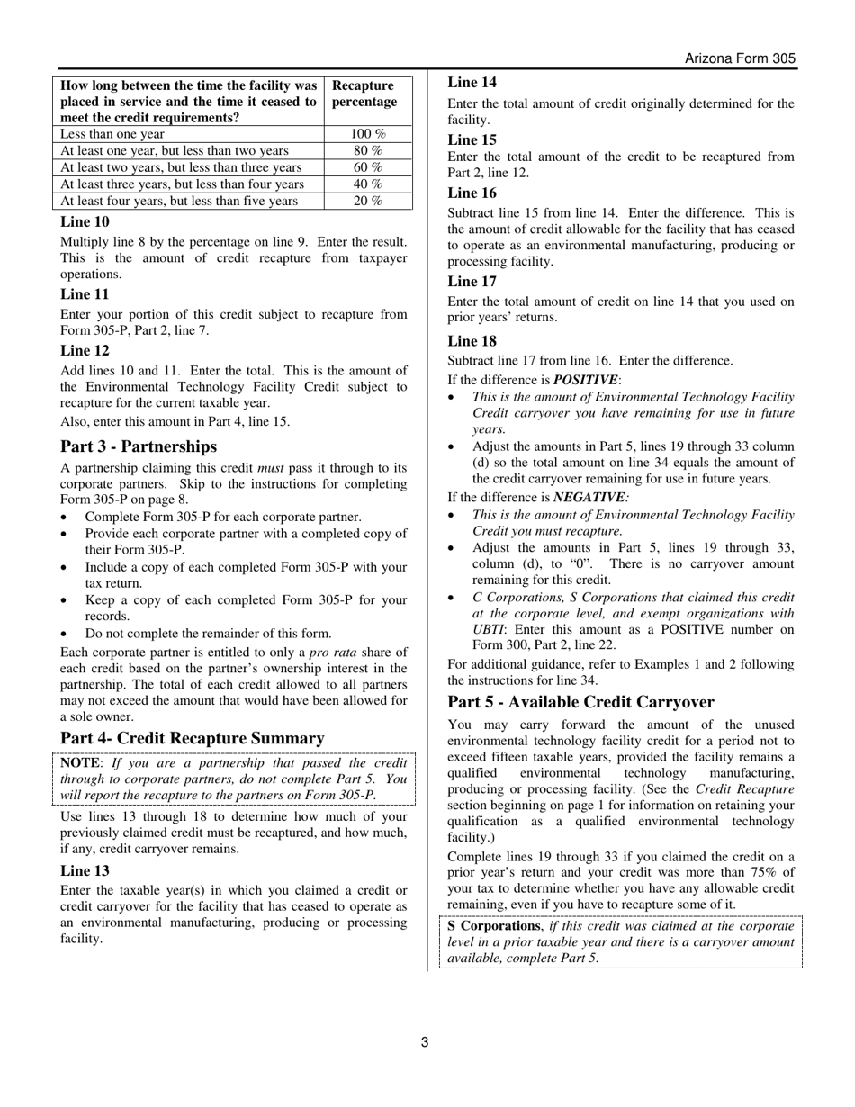 Instructions for Arizona Form 305, Arizona Form 305-P, ADOR10132, ADOR11323 - Arizona, Page 3