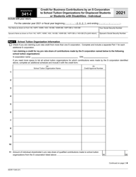 Document preview: Arizona Form 341-I (ADOR11240) Credit for Business Contributions by an S Corporation to School Tuition Organizations for Displaced Students or Students With Disabilities - Individual - Arizona