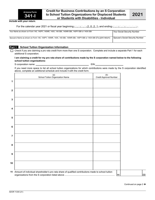 Arizona Form 341-I (ADOR11240) 2021 Printable Pdf