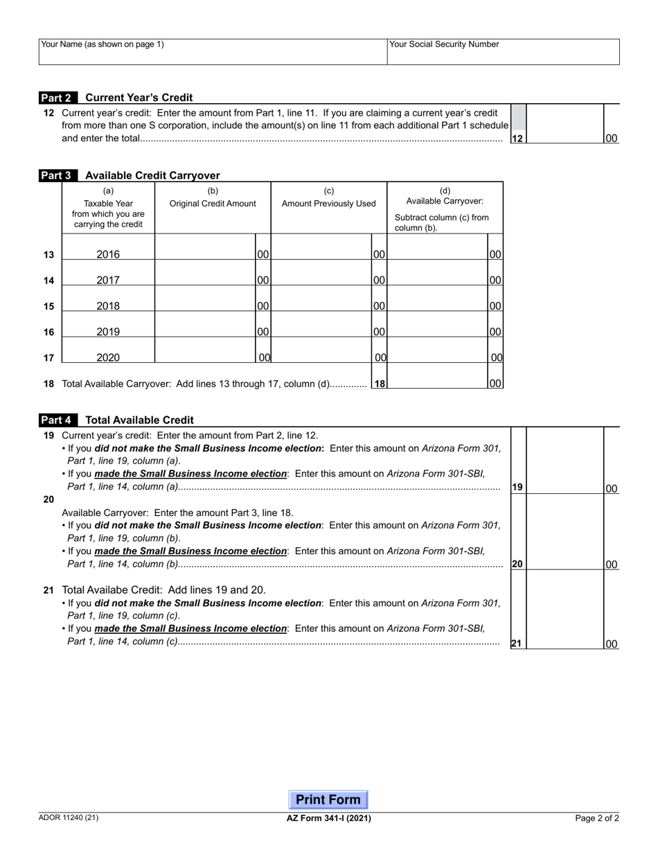 Arizona Form 341-I (ADOR11240) Credit for Business Contributions by an S Corporation to School Tuition Organizations for Displaced Students or Students With Disabilities - Individual - Arizona, Page 2