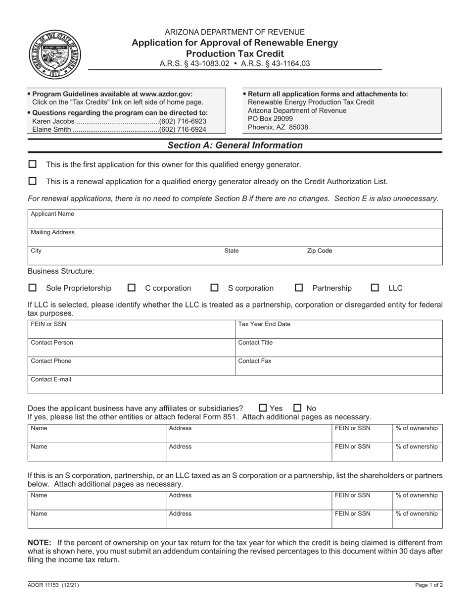 Form ADOR11153 Application for Approval of Renewable Energy Production Tax Credit - Arizona, Page 1