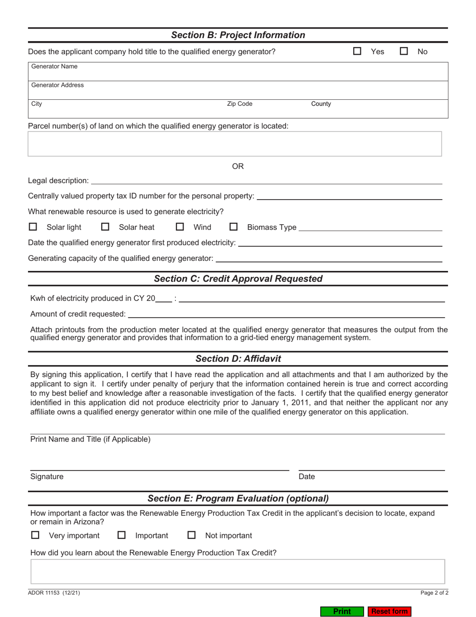 Form ADOR11153 Application for Approval of Renewable Energy Production Tax Credit - Arizona, Page 2