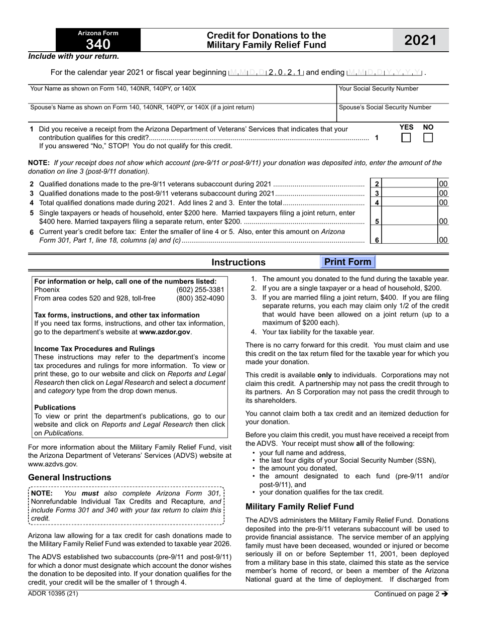 Arizona Form 340 (ADOR10395) Credit for Donations to the Military Family Relief Fund - Arizona, Page 1