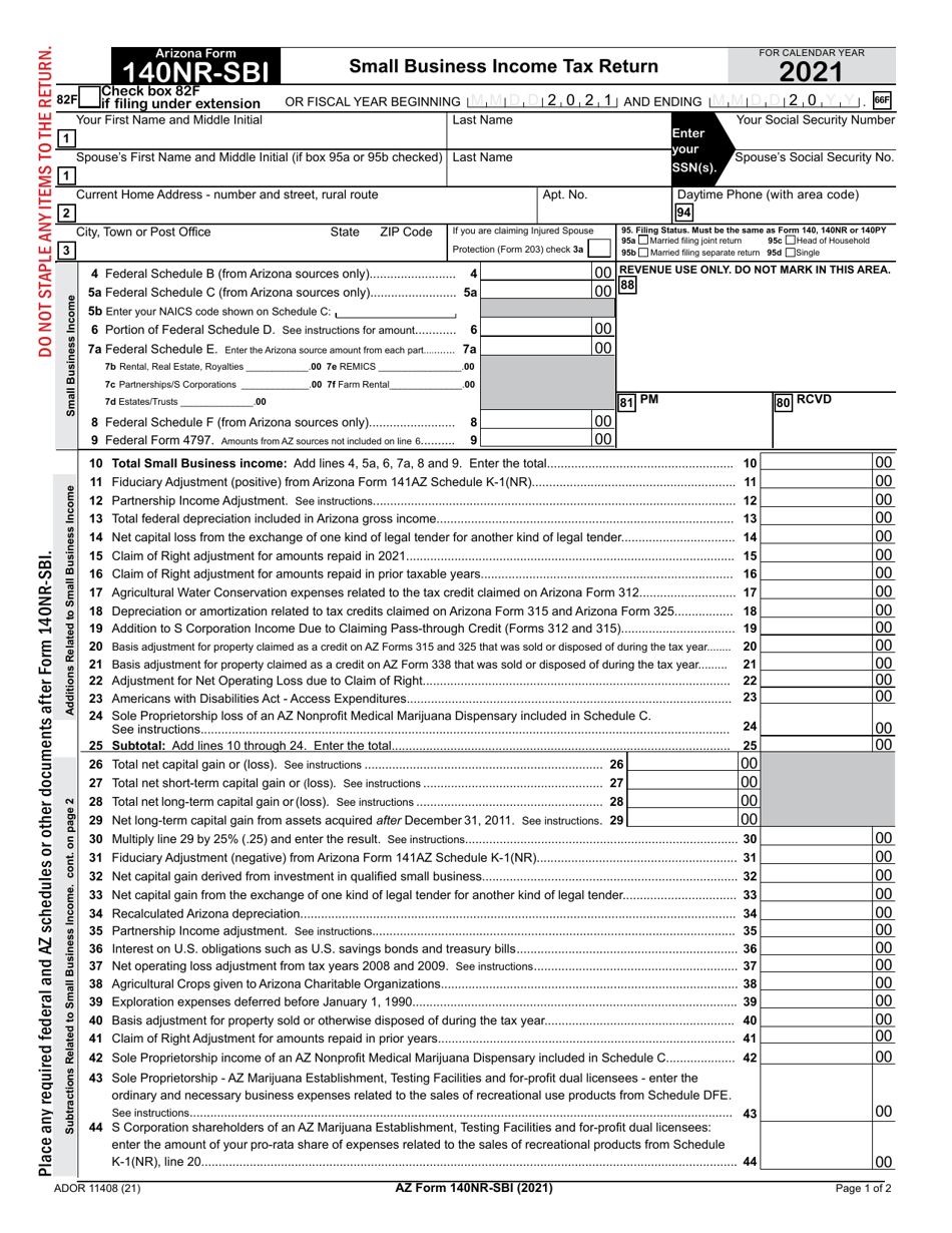 Arizona Form 140NR-SBI (ADOR11408) Small Business Income Tax Return - Arizona, Page 1