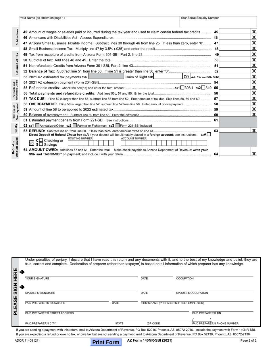 Arizona Form 140NR-SBI (ADOR11408) Small Business Income Tax Return - Arizona, Page 2