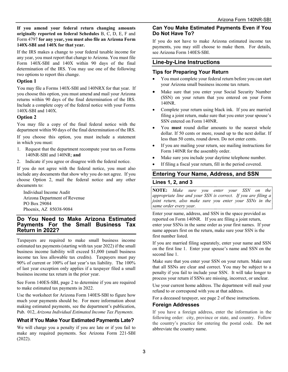 Download Instructions For Arizona Form 140nr-sbi, Ador11408 Small 