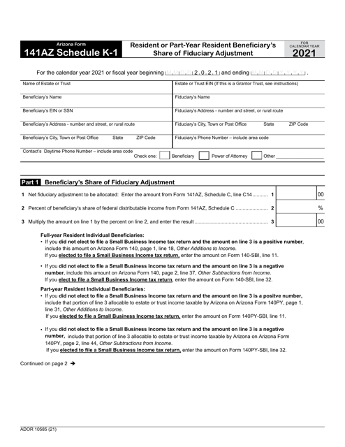 Arizona Form 141AZ (ADOR10585) Schedule K-1 2021 Printable Pdf