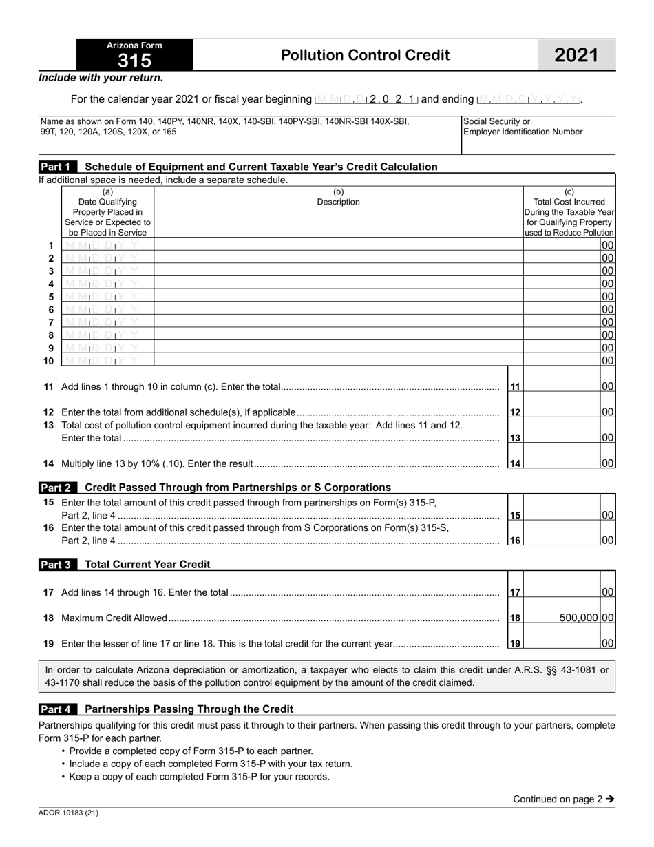 Arizona Form 315 (ADOR10183) Pollution Control Credit - Arizona, Page 1