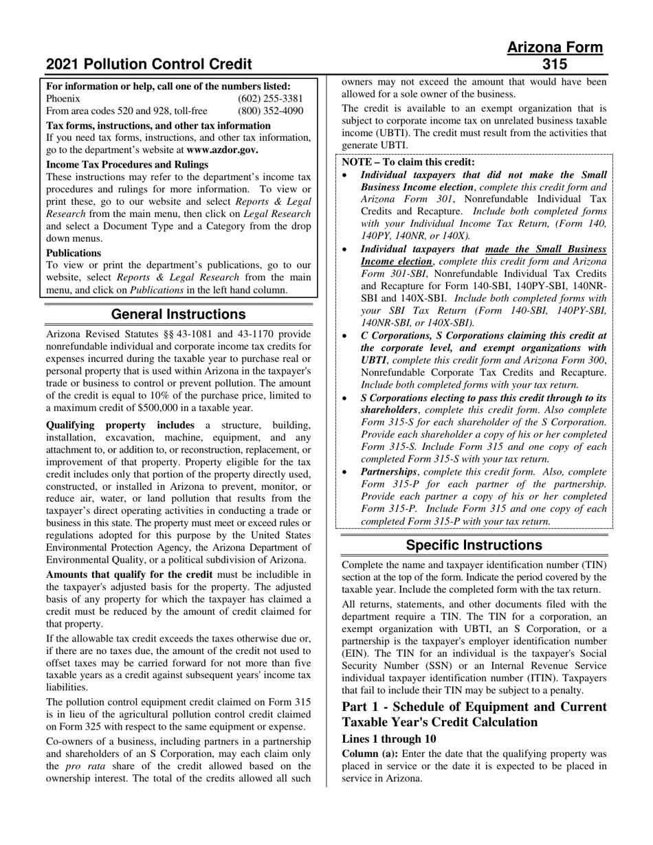 Instructions for Arizona Form 315, ADOR10183, Arizona Form 315-P, ADOR11278, Arizona Form 315-S, ADOR11279 - Arizona, Page 1