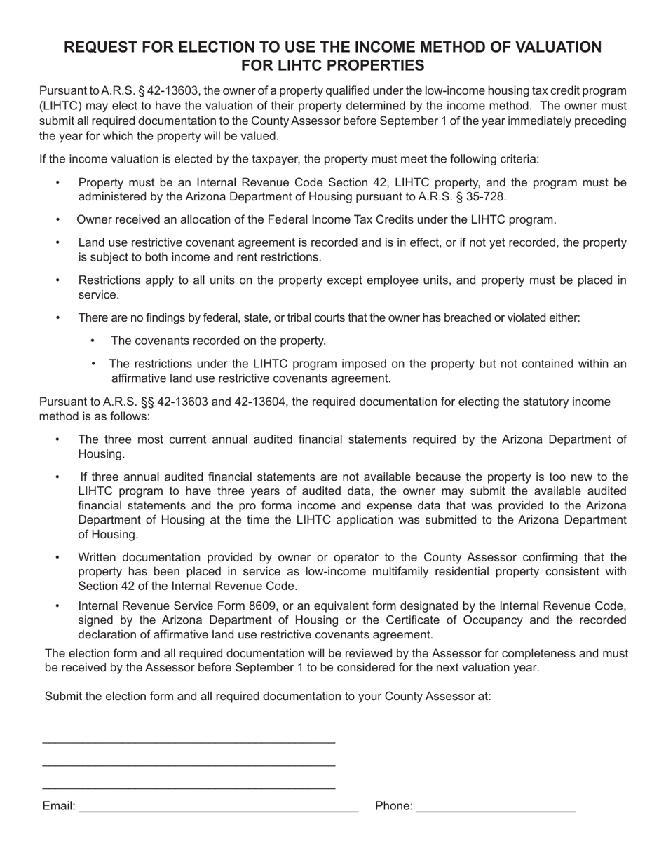 Form DOR82603 Request for Election to Use the Income Method for Valuation of LIHTC Properties - Arizona, Page 1