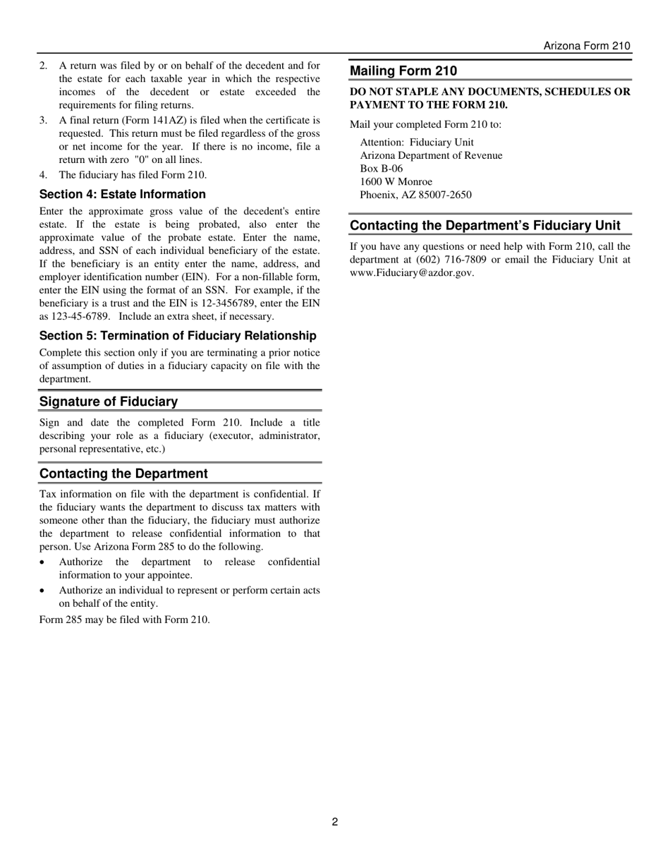 Instructions for Arizona Form 210, ADOR10124 Notice of Assumption of Duties in a Fiduciary Capacity - Arizona, Page 2
