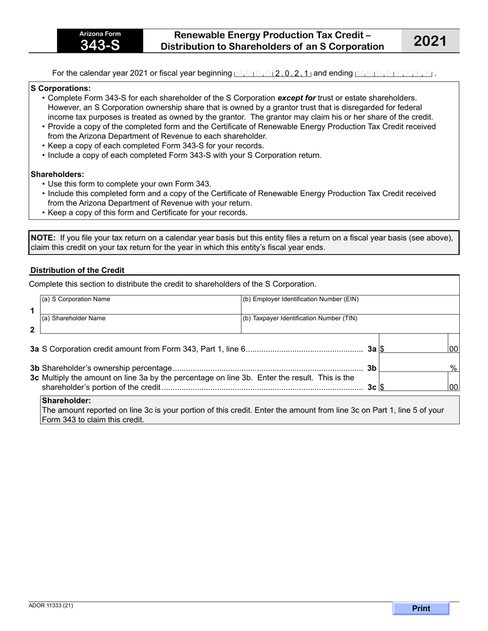 Arizona Form 343-S (ADOR11333) Renewable Energy Production Tax Credit - Distribution to Shareholders of an S Corporation - Arizona, Page 1