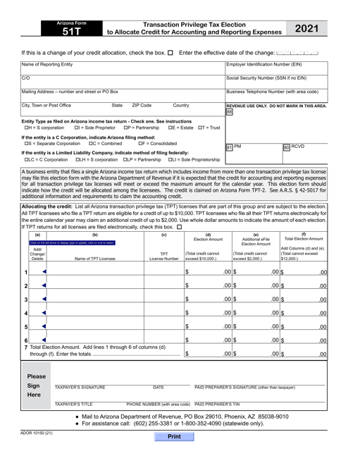 Arizona Form 51T (ADOR10150) 2021 Printable Pdf