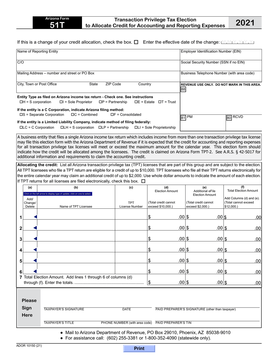 Arizona Form 51T (ADOR10150) Transaction Privilege Tax Election to Allocate Credit for Accounting and Reporting Expenses - Arizona, Page 1