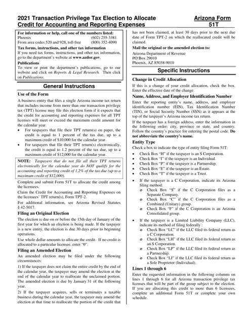 Arizona Form 51T, ADOR10150 2021 Printable Pdf