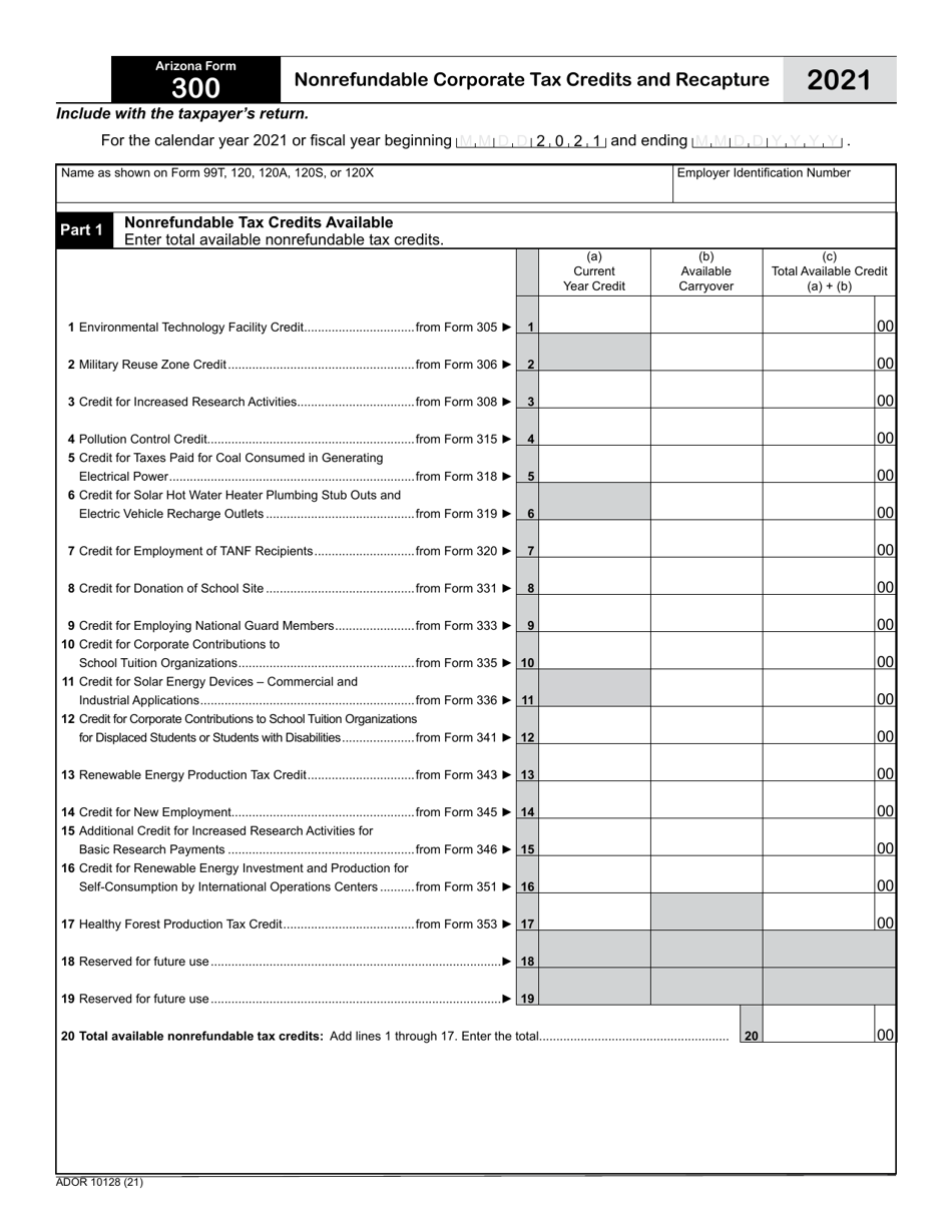 Arizona Form 300 (ADOR10128) Nonrefundable Corporate Tax Credits and Recapture - Arizona, Page 1