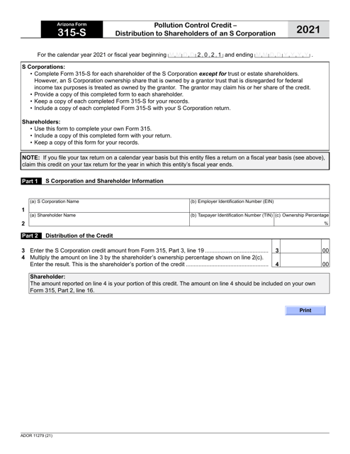 Arizona Form 315-S (ADOR11279) 2021 Printable Pdf