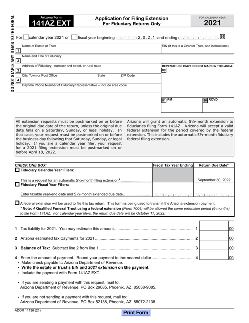 Arizona Form 141AZ EXT (ADOR11136) Application for Filing Extension for Fiduciary Returns Only - Arizona, 2021