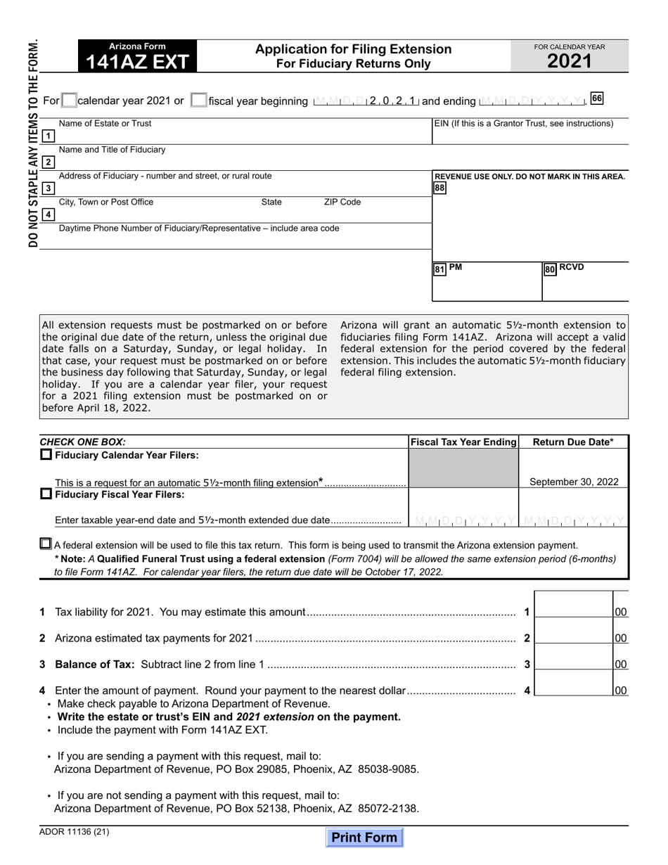 Arizona Form 141AZ EXT (ADOR11136) Application for Filing Extension for Fiduciary Returns Only - Arizona, Page 1