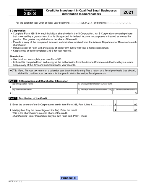 Arizona Form 338-S (ADOR11317) 2021 Printable Pdf