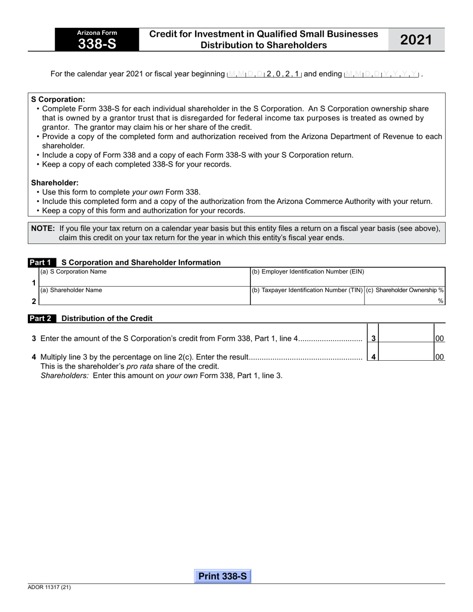 Arizona Form 338-S (ADOR11317) Credit for Investment in Qualified Small Businesses Distribution to Shareholders - Arizona, Page 1