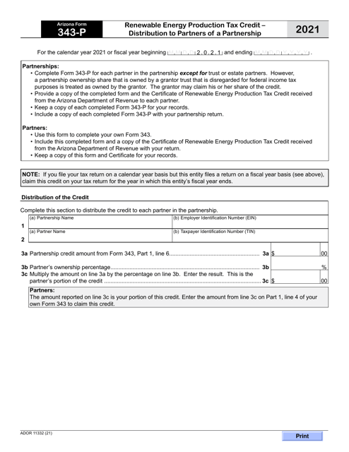 Arizona Form 343-P (ADOR11332) 2021 Printable Pdf