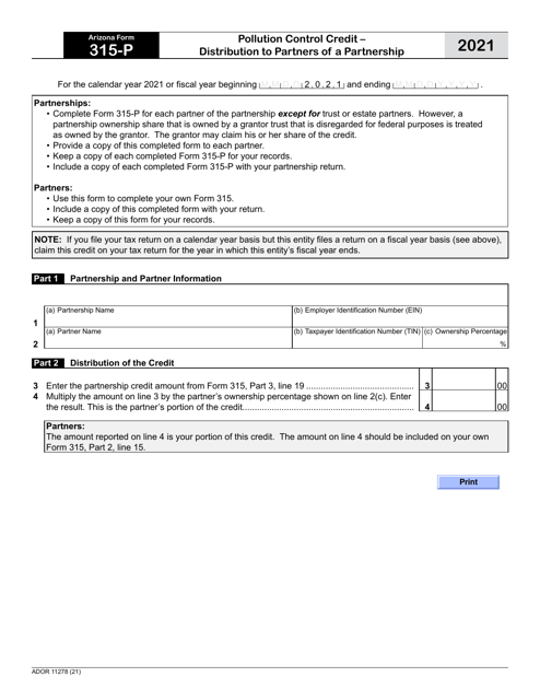 Arizona Form 315-P (ADOR11278) 2021 Printable Pdf