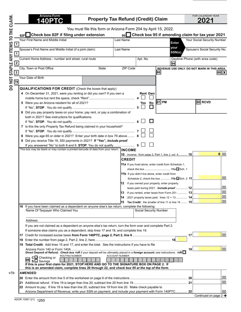 Arizona Form 140PTC (ADOR10567) Property Tax Refund (Credit) Claim - Arizona, 2021