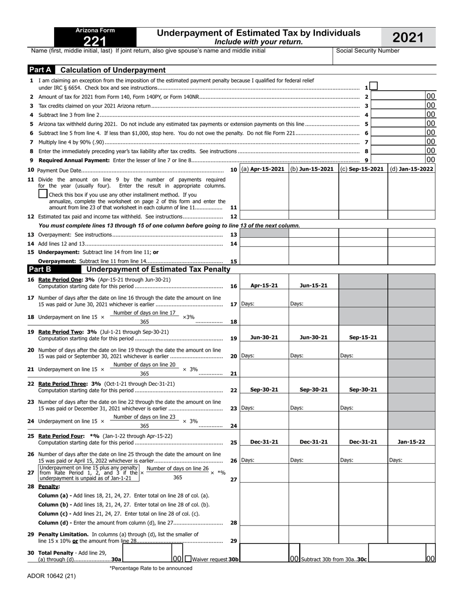 Arizona Form 221 (ADOR10642) Underpayment of Estimated Tax by Individuals - Arizona, Page 1