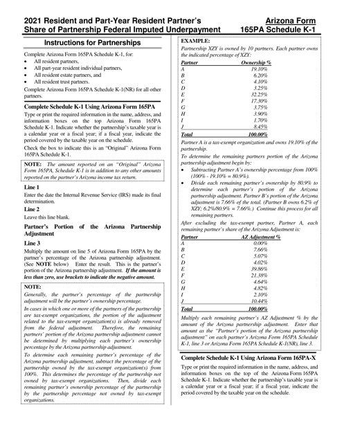 Arizona Form 165PA, ADOR11292 Schedule K-1 2021 Printable Pdf