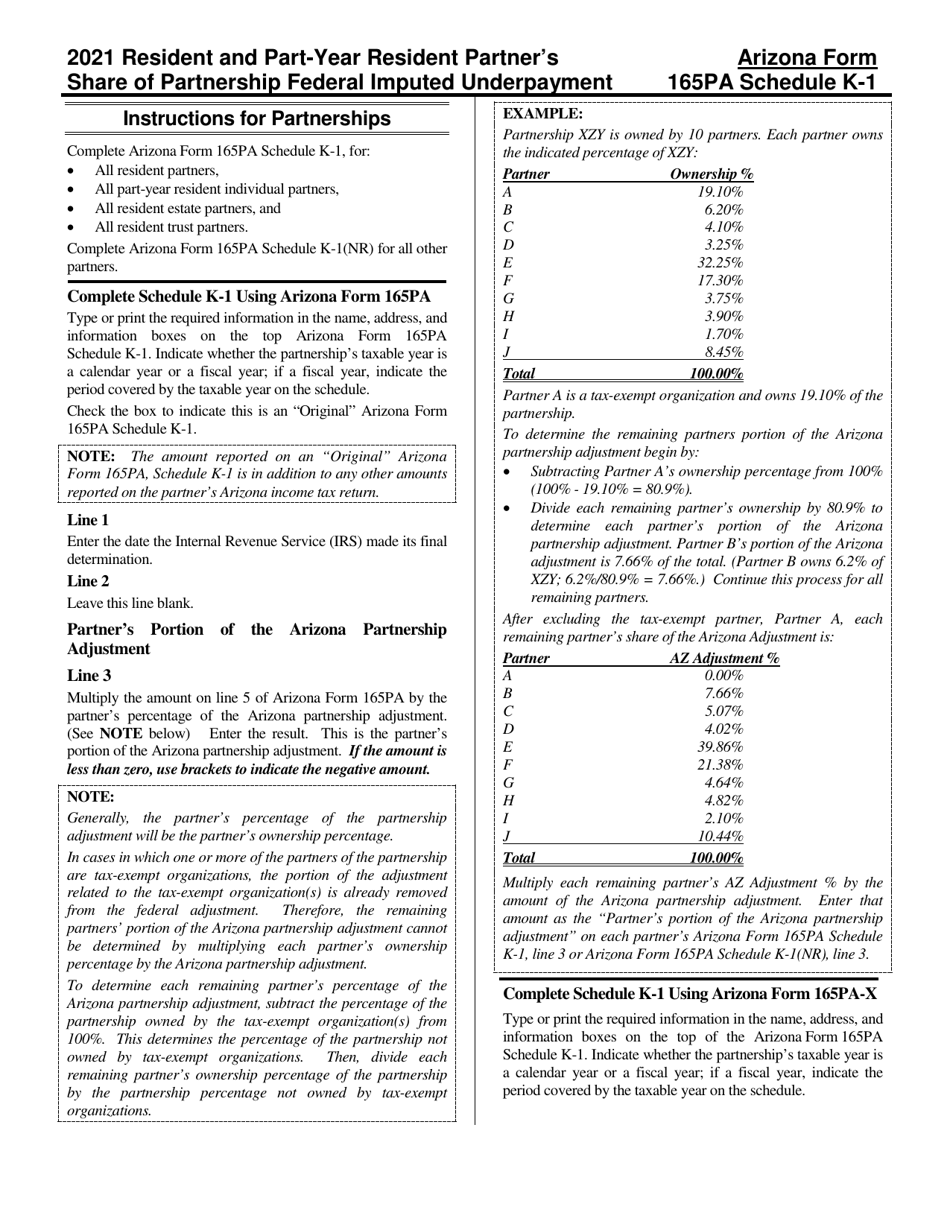 Instructions for Arizona Form 165PA, ADOR11292 Schedule K-1 Resident and Part-Year Resident Partners Share of Arizona Partnership Adjustment - Arizona, Page 1