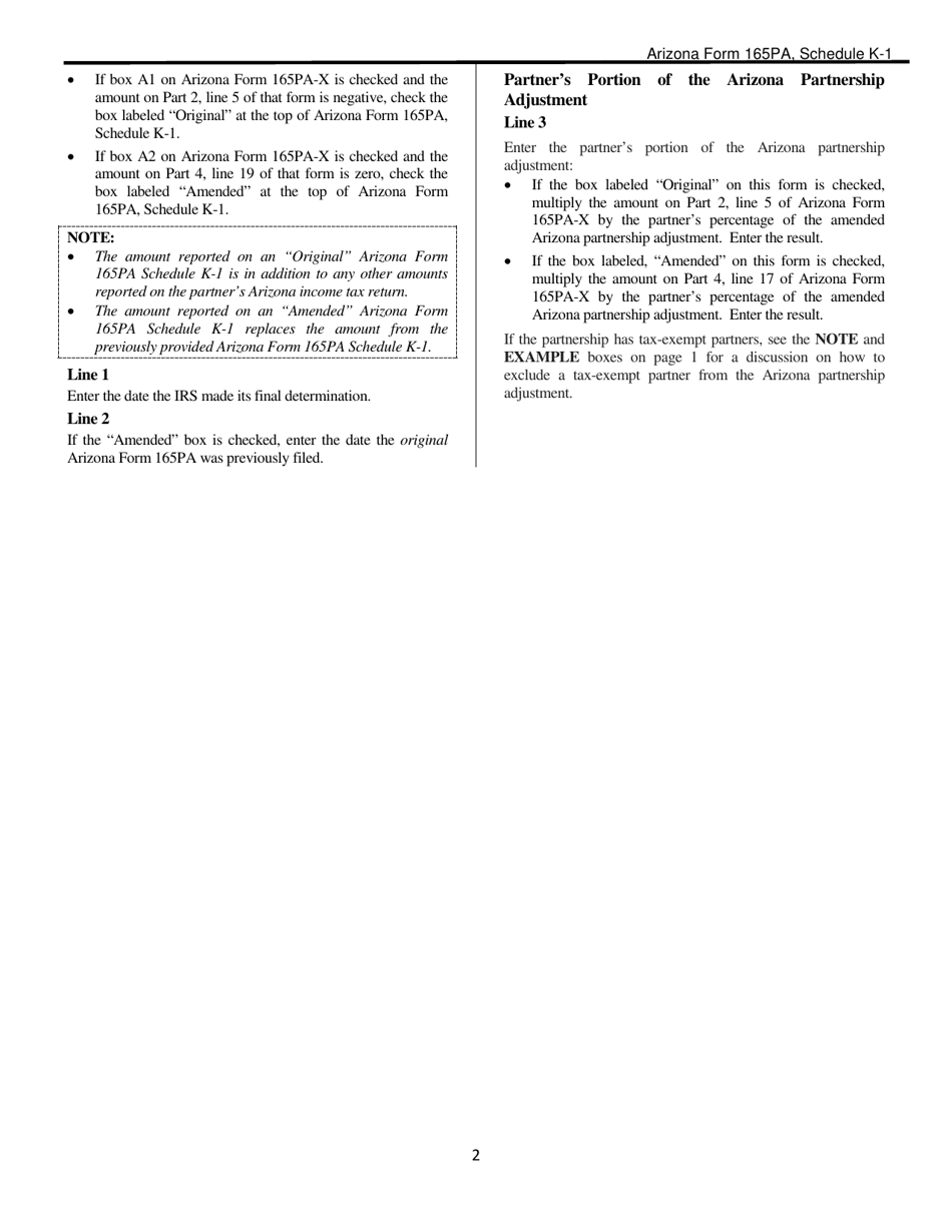 Instructions for Arizona Form 165PA, ADOR11292 Schedule K-1 Resident and Part-Year Resident Partners Share of Arizona Partnership Adjustment - Arizona, Page 2