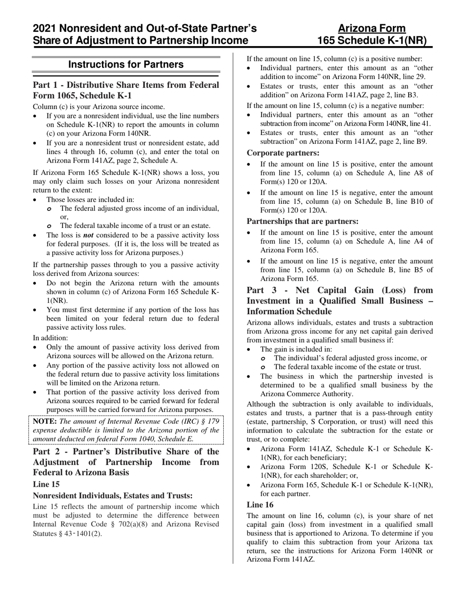 Instructions for Arizona Form 165, ADOR10345 Schedule K-1(NR) Arizona Nonresident and Out-of-State Partners Share of Income and Deductions - Arizona, Page 1