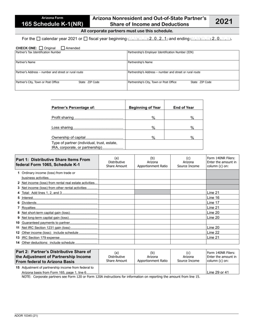 Arizona Form 165 (ADOR10345) Schedule K-1(NR) 2021 Printable Pdf