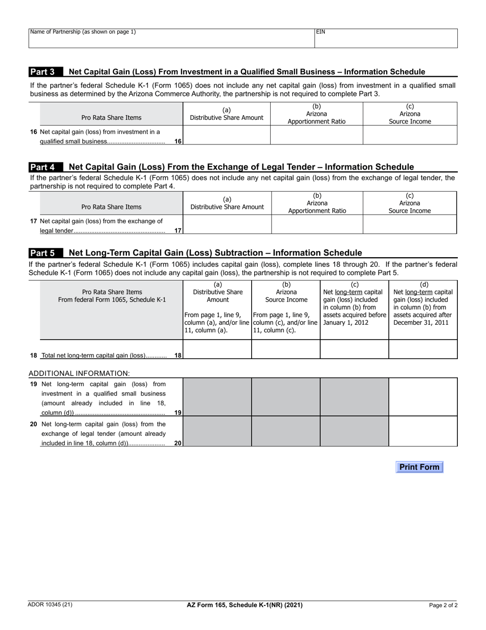 Arizona Form 165 Ador10345 Schedule K 1nr 2021 Fill Out Sign Online And Download 9236